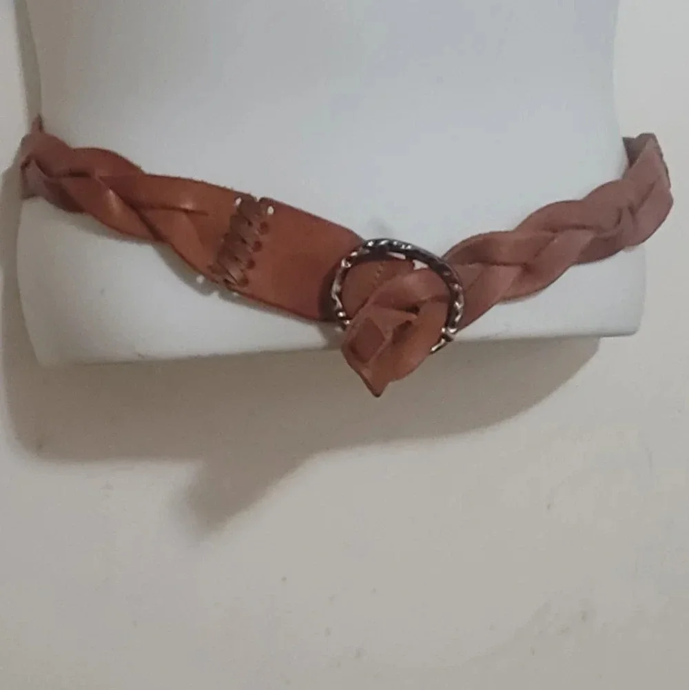 Leather braided whipstitch belt brown tan cognac vintage